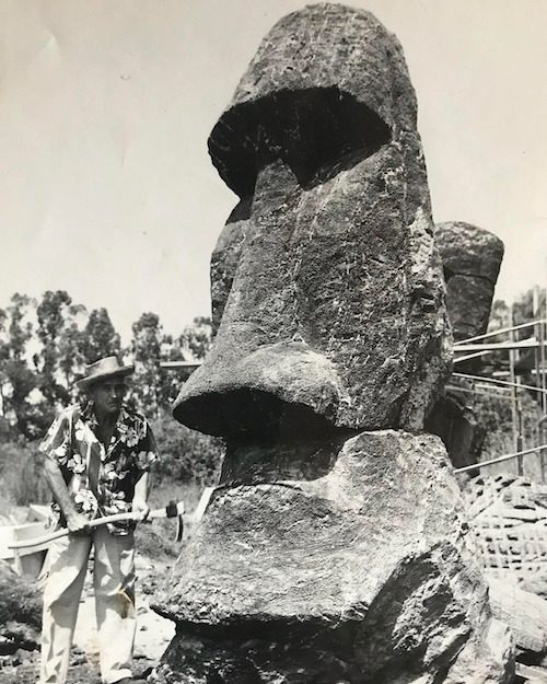 Eli Hedley carving one of the smaller moai sculptures