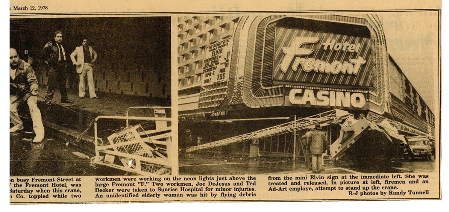 A couple of newspaper clippings from 1978 also show the potential hazards of the job when it came to sign maintenance. Joe DeJesus Collection, The Neon Museum.