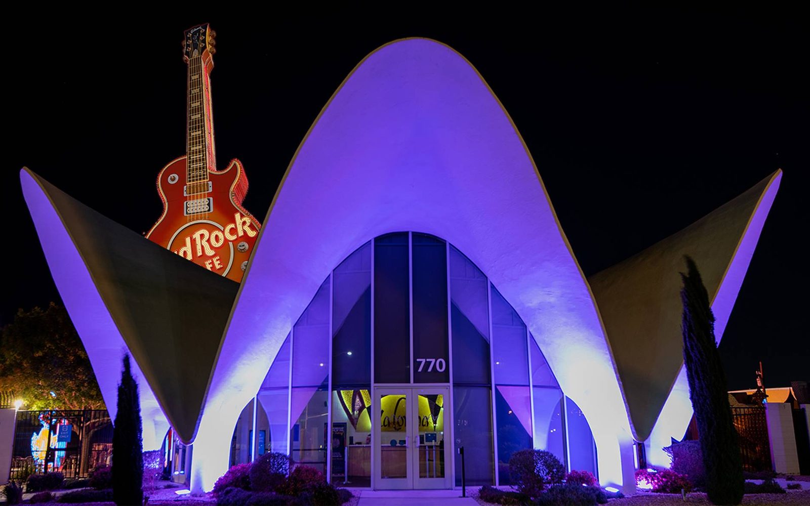 La Concha Lobby at night in purple with Hard Rock guitar in background