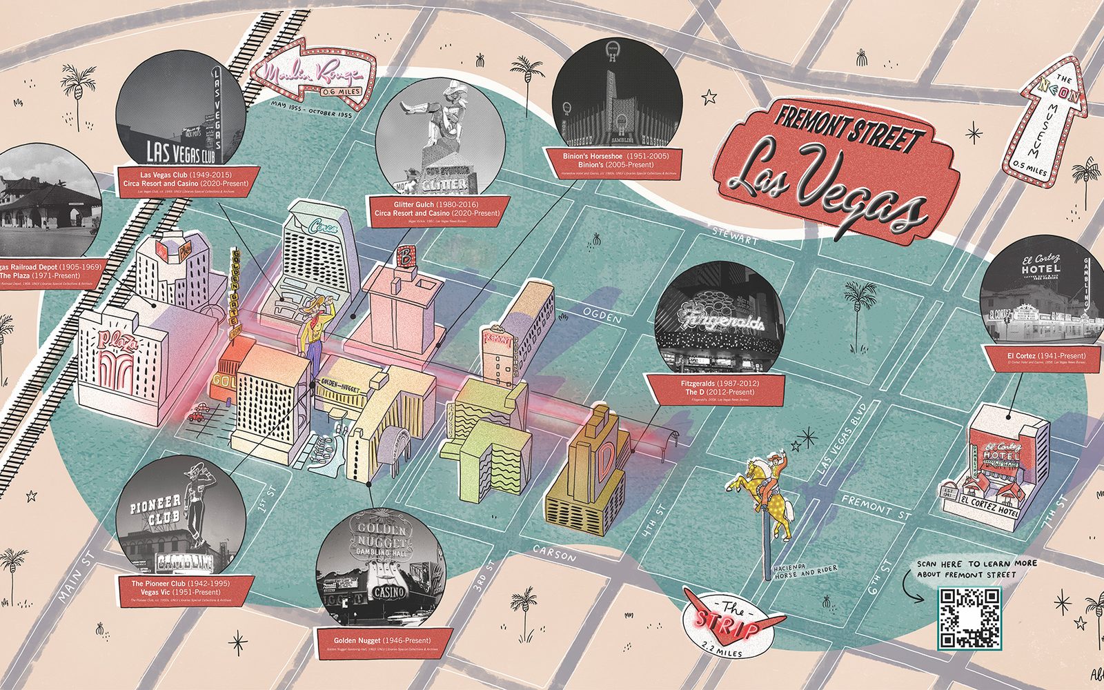 Fremont Street map depicting current and former properites