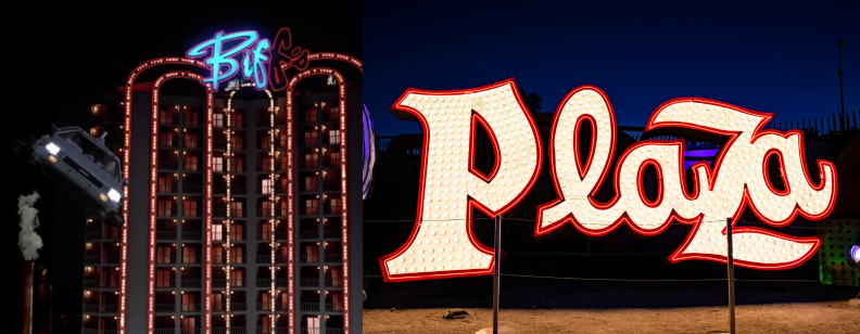Back to the Future 2 image is courtesy of American Cinematographer. The Plaza sign is part of The Neon Museum's Collection.
