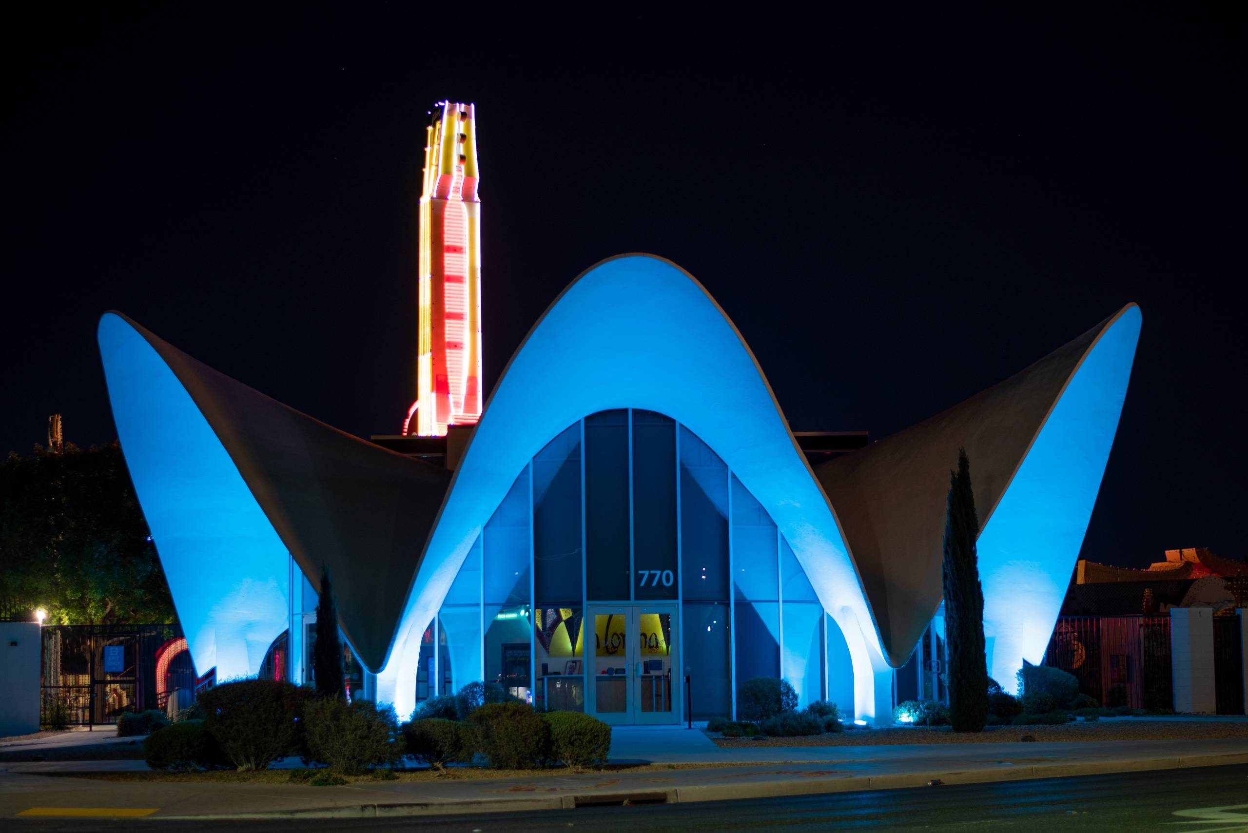 La Concha Visitors' Center with blue lights
