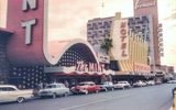 Casinos on Fremont Street, street view featuring their abutted façades, Vintage Las Vegas, c 1961