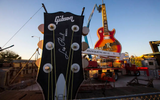 The headstock piece of the Hard Rock Cafe guitar sign is moved into The Neon Museum before being installed by YESCO employes, Las Vegas Review-Journal, February 1, 2019