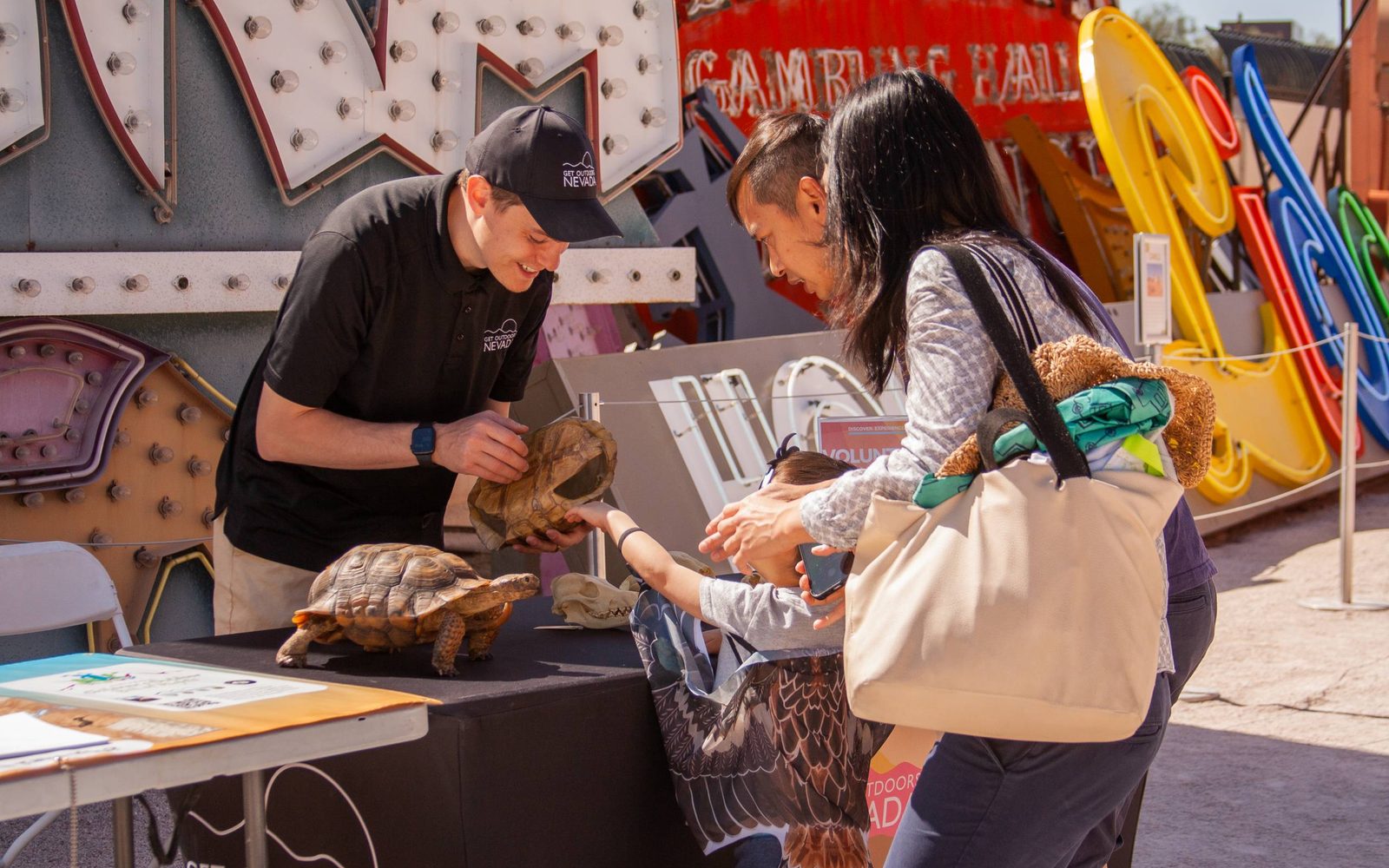 Nov 2025 STEAM Family Fest A photo of parents with their child touching a turtle shell.