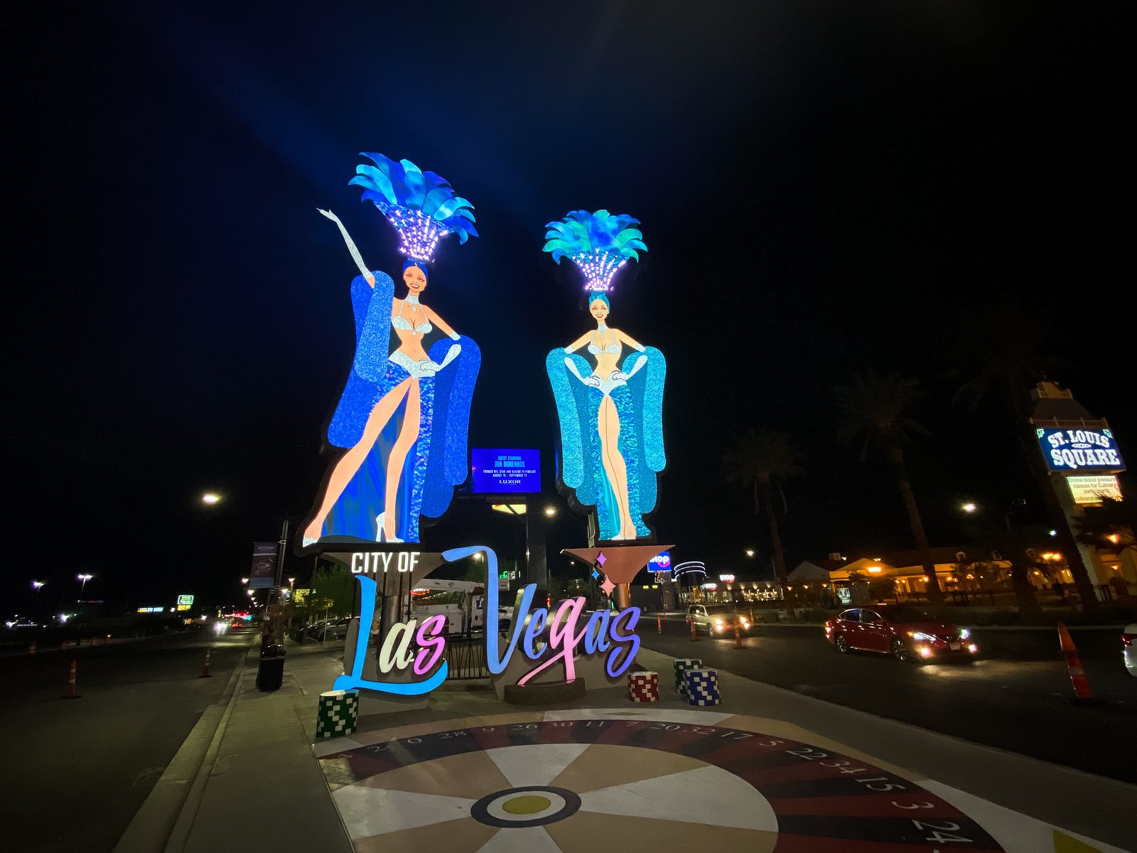 A picture of the 50-Foot Showgirl Gateway Signs that marks the start of Downtown Las Vegas