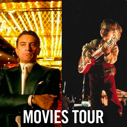 Two side-by-side movie-related images: on the left, a man in a suit stands confidently in front of bright casino lights from the movie Casino; on the right, the youngster Adam plays the Hard Rock Cafe guitar after being accidentally enlarged by his father from the movie Honey, I Blew Up the Kid - both images from the Movies Tour
