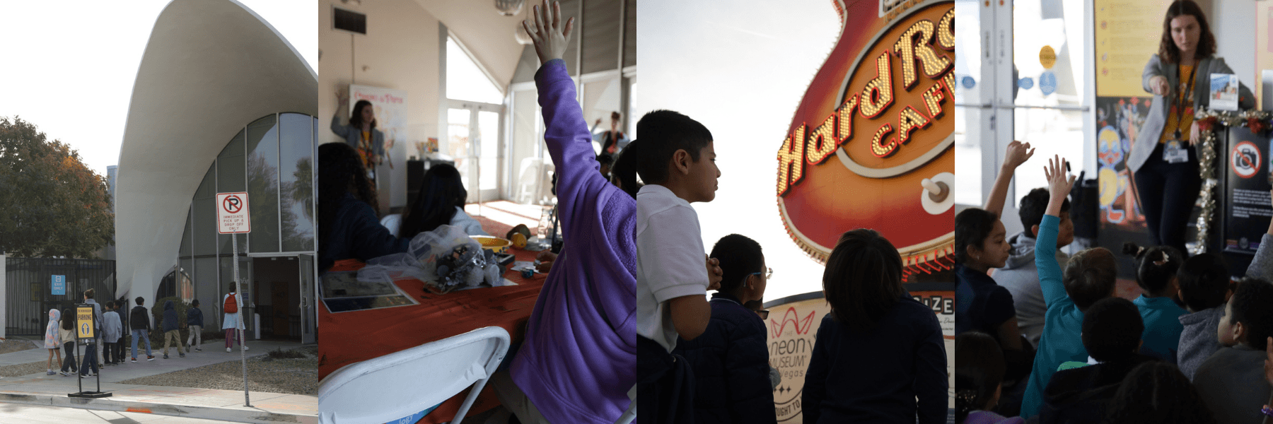A collage of 4 different images of field trips at The Neon Museum