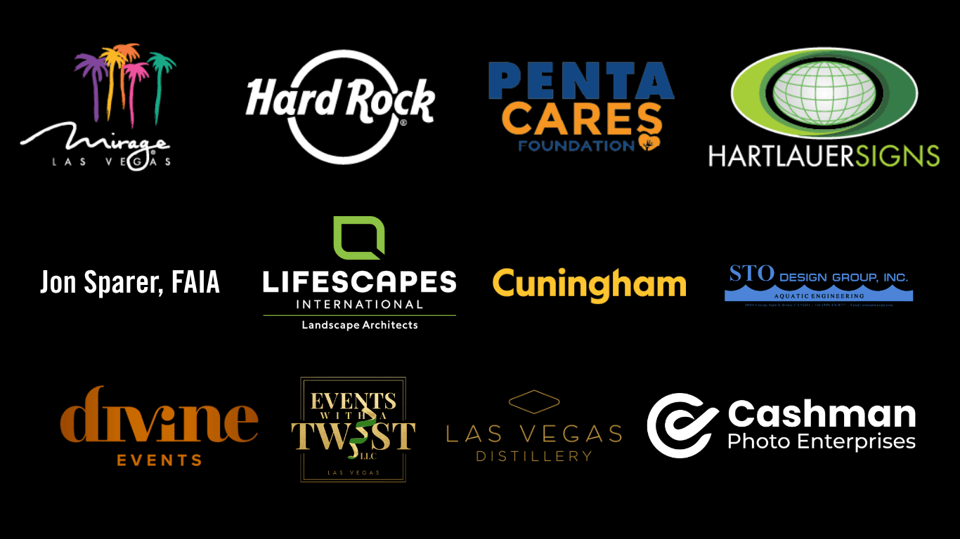 Mirage sponsor logos: The Mirage, Hard Rock International, PENTA CARES, Hartlauer Signs, Jon Sparer, FAIA, Lifescapes International, Cuningham, STO Design Group, Inc., Divine events, Events with a Twist, Las Vegas Distillery, and Cashman Photo Enterprises.