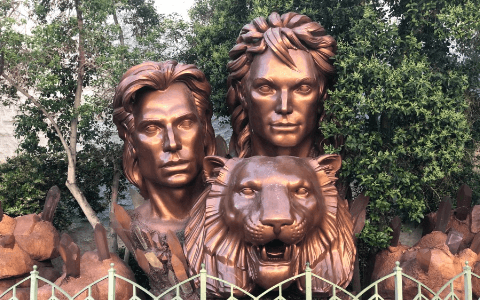 the restored Siegfried & Roy bronze tiger sculpture on display at the Neon Museum's Neon Boneyard