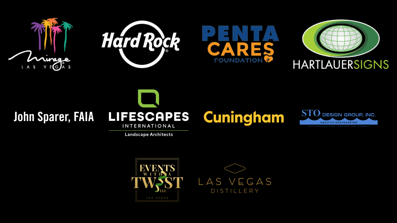 Mirage sponsor logos: The Mirage, Hard Rock International, PENTA CARES, Hartlauer Signs, Jon Sparer, FAIA, Lifescapes International, Cuningham, STO Design Group, Inc., Events with a Twist and Las Vegas Distillery.