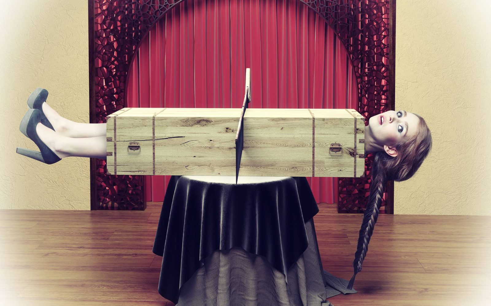 Magician sawing a woman with a saw.Photo combination concept