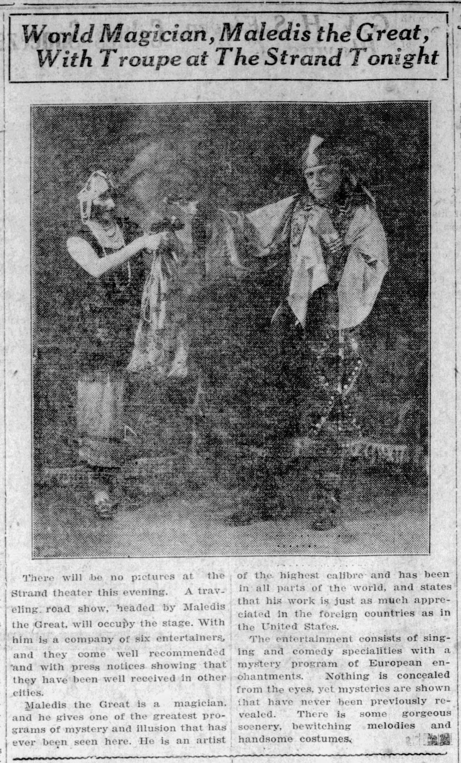 Maledis The Great and an assistant performing in September 1929