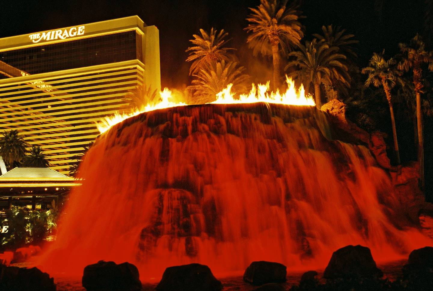 Photograph of The Mirage Hotel & Casino volcano attraction at night