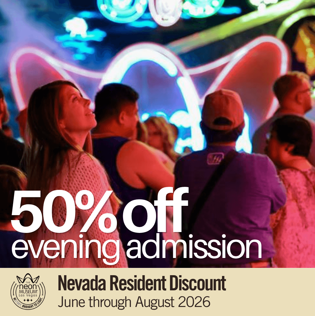 Image of the Neon Boneyard full of visitors with the 50% off offer for Nevada residents.