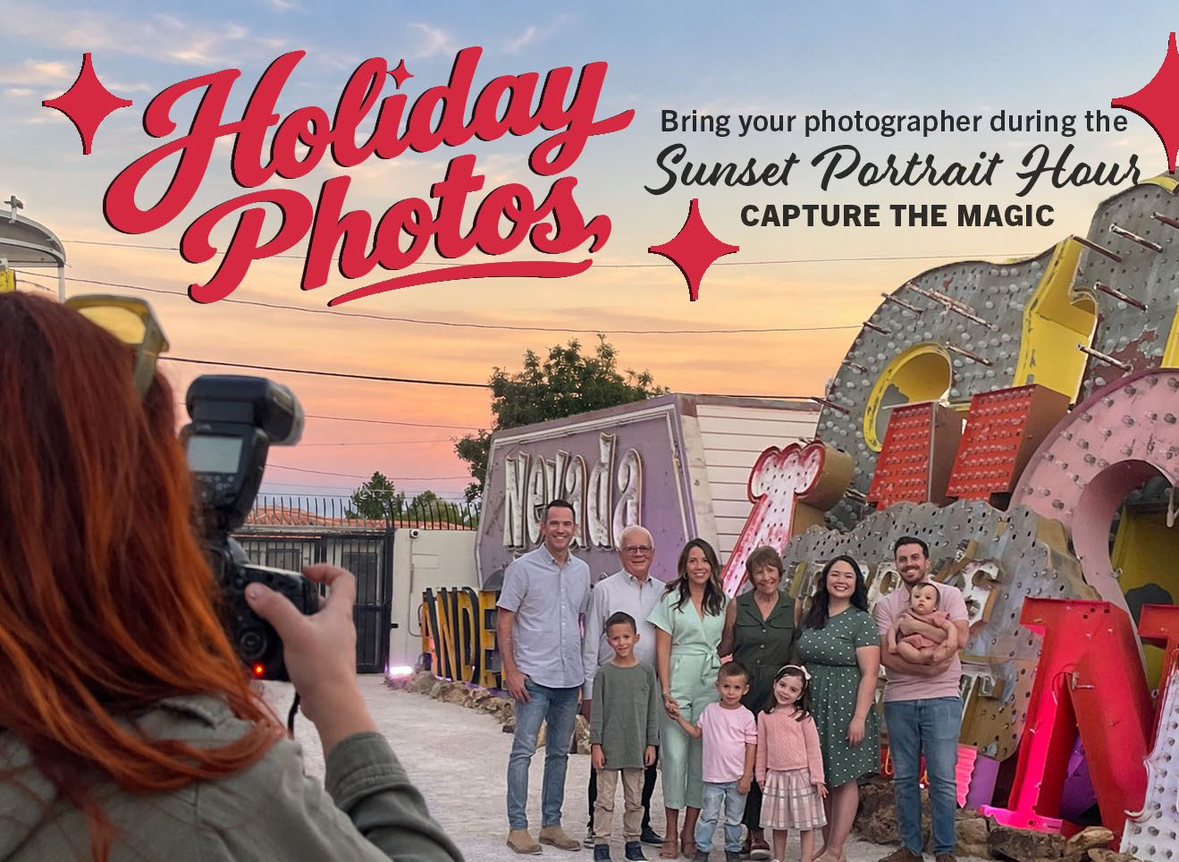 Image of a family in The Neon Museum's North Gallery taking family photos